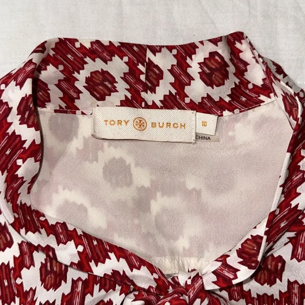 Tory Burch 10 Red White Pattern Cap Sleeve Neck Tie Silk Blouse
